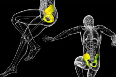 Squelette 3D d'un footballeur, zone du pubis en jaune – pubalgie du footballeur | IK Kiné